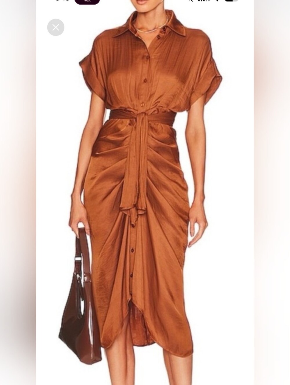 NEW Steve Madden Silky Bronze Ruched Front Crinkle Belt Button Up Midi Dress